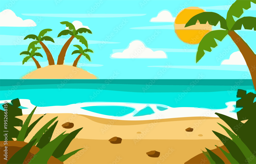 Obraz premium Tropical beach landscape with palm trees and island at sunny day vector. Summer vacation background with sand and blue sea.