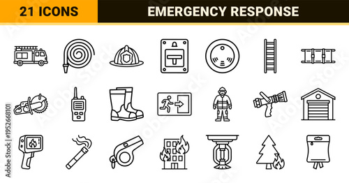 Emergency Services and Firefighting Symbols Featuring Sophisticated Monoline Outlines for Public Safety Technical Documentation and Signage