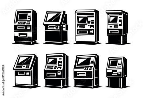 Vector illustration of various atm machines in black and white silhouette style