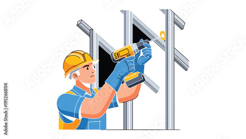 Construction Worker at Work: A construction worker meticulously uses a drill to secure metal framework, embodying skill, precision, and dedication in the building process. 