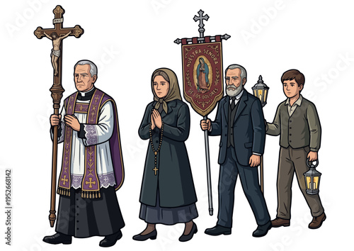 Catholic Religious Procession with Priest and Faithful