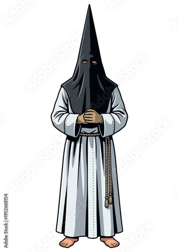 Nazareno. Penitent in White Robe and Black Hood. Semana Santa. Holly week