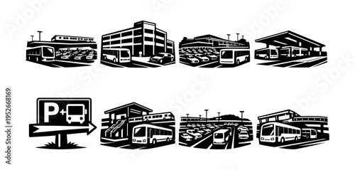 Black and white bus station and parking lot silhouette illustrations set