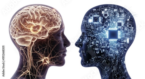 Artificial intelligence versus human brain comparison, showing a human head profile next to a robot head profile on a white background with a stylized digital brain