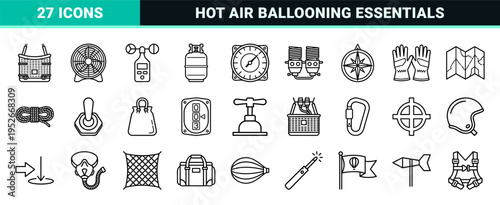 Aeronautical Hot Air Ballooning Line Art Symbols for Flight Navigation and Leisure Travel Design, Professional Minimalist Monoline Aesthetic