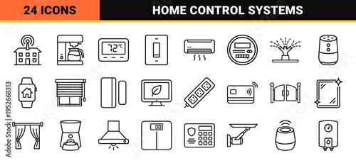 Smart Home Automation Systems Technical Monoline Symbols for Intelligent Building Management and Domestic Connectivity Control Interface Design