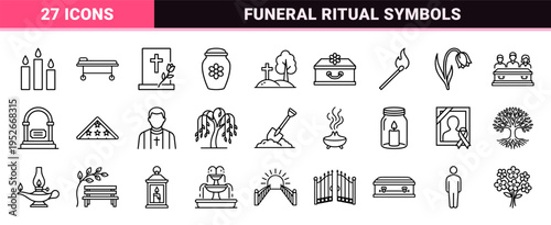 Funeral and Memorial Service Monoline Symbols featuring Technical Line Art for Bereavement Support and Cemetery Management Visuals.