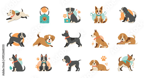 Large collection of diverse cartoon dog illustrations showing different breeds and poses for pet and animal themed designs.