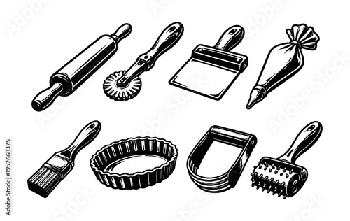 Vector illustration of baking tools silhouette set with rolling pin and pastry accessories