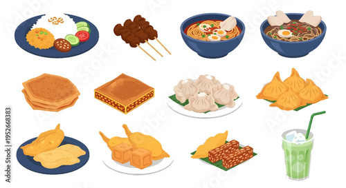 Indonesian Traditional Food and Street Food Vector Illustration Set with Nasi Goreng Satay and Snacks