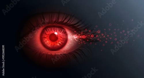 Red Inflamed Eye with Infection Particles Representing Conjunctivitis or Eye Disease