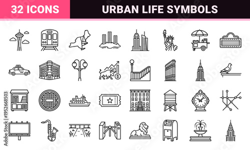 New York City Urban Landmarks and Metropolitan Life Minimalist Monoline Outlines for Wayfinding and Digital Interface Design