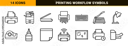 Professional Office Hardware and Printing Workflow Line Icons featuring Technical Monoline Aesthetic for Document Management Systems.