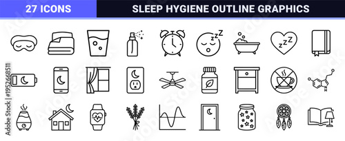 Circadian Rhythm and Sleep Hygiene Monoline Symbols for Wellness Apps and Medical Interface Design featuring Minimalist Black Outlines