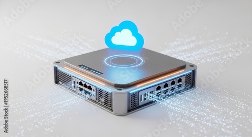 Digital network device connecting to a cloud service with data streams flowing through it, representing cloud computing and data transfer