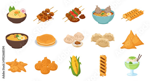 Indonesian Street Food Vector Illustration Set of Traditional Snacks and Culinary Icons