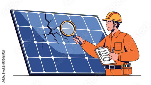 Solar Panel Inspection: An expert assesses a cracked solar panel. with a magnifying glass and clipboard, the technician meticulously inspects the damage, ensuring optimal functionality.