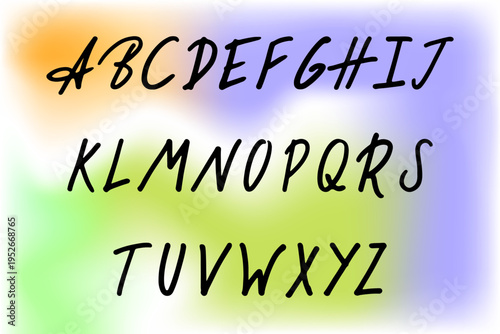 Dynamic handwritten brush script uppercase alphabet A–Z on a vibrant multicolored gradient background. Hand-drawn uppercase English alphabet in a slanted, marker-style script