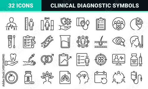 Medical Health Checkup Technical Monoline Outline Icons featuring Clinical Diagnostics Preventive Care and Hospital Wellness Examination Symbols