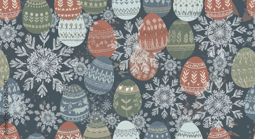Festive easter eggs adorned with intricate folk art patterns and traditional nordic motifs arranged in a repeating seamless pattern against a dark background with delicate