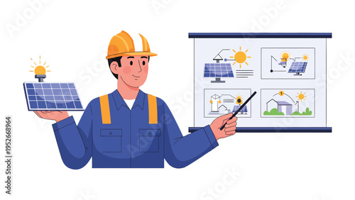 Engineer's Vision for a Solar Future: A dedicated engineer illustrates the sustainable potential of solar energy. He showcases photovoltaic panels.