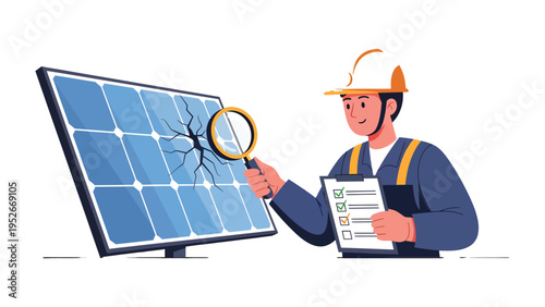 Solar Panel Inspection: A technician meticulously examines a solar panel, using a magnifying glass to assess the damage.