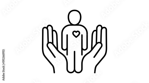 Hands holding a person with a heart symbol representing care  