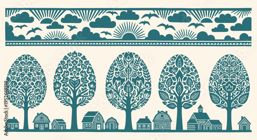 Easter day scene with trees houses and sunny sky spring landscape with birds flying overhead