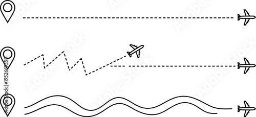 Three airplane route paths for travel navigation