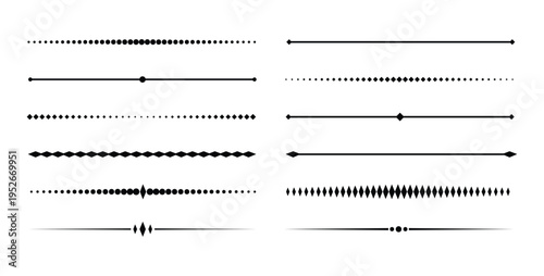 Decorative divider line set. Minimal geometric separator collection. Modern ornamental border lines. Elegant dot and diamond divider elements.