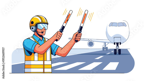 Guiding the Ascent: An airport worker, donned in high-visibility gear, skillfully directs a jet aircraft on the runway, emphasizing safety and precision in ground operations.