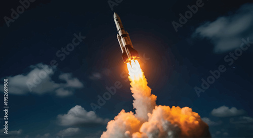 Rocket Launching into Dark Blue Sky with Clouds