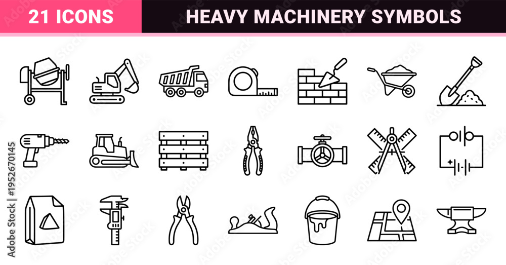 Fototapeta premium Construction Engineering and Industrial Development Monoline Symbols. Minimalist Outline Icons for Civil Works, Machinery, and Safety Equipment.