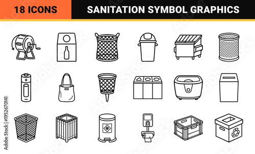 Waste Management and Sanitation Monoline Symbols for Urban Infrastructure, Clean Minimalist Outline Technical Graphics for Environmental Services.