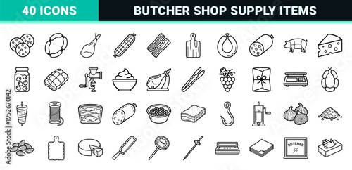 Artisanal Charcuterie and Delicatessen Monoline Symbols for Butcher Shop Signage and Menu Design Featuring Minimalist Gourmet Meat Elements