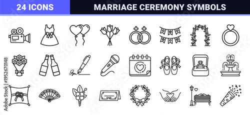 Wedding Service Monoline Symbols featuring Minimalist Matrimonial Outlines and Romantic Event Planning Linear Graphics for Professional Use