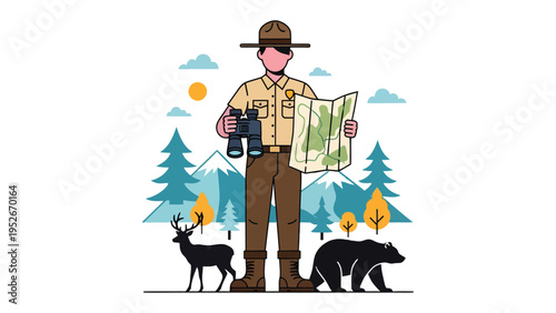 Nature's Guardian: A park ranger, hat and map in hand, stands as a steadfast guide, surveying the landscape and its wildlife, embodying protection and care.