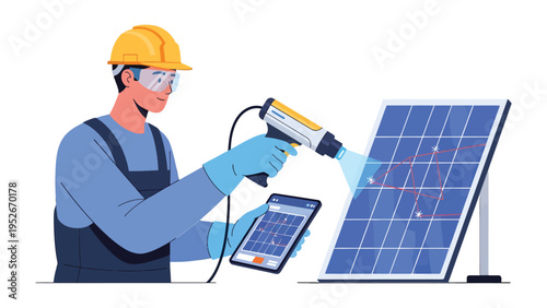 Solar Panel Inspection: A skilled technician diligently inspects a solar panel with a thermal imaging tool. His focused work is a testament to the efficient use of renewable energy.