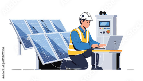 Solar Panel Technician: A skilled technician, equipped with a laptop, meticulously inspects and maintains a solar panel array.