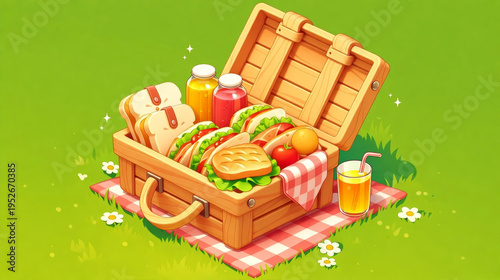 Outdoor picnic basket full of sandwiches and juice