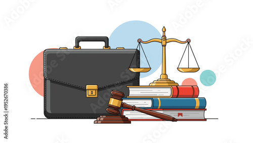 Professional black briefcase sits next to a stack of colorful law books, a wooden gavel, and golden scales of justice for legal work and study.