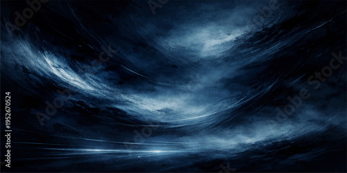 An abstract dark blue space background features stormy clouds and a texture of smoke and rain under a dark night sky
