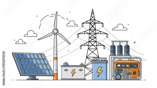 Comprehensive illustration of renewable energy sources including solar panels, wind turbines, power lines, and electrical storage systems for green power.