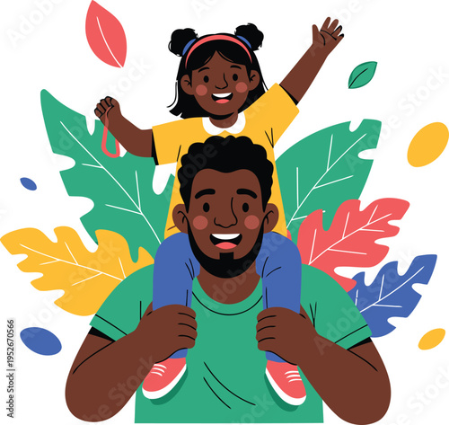 Smiling Man Carrying Happy Girl on Shoulders with Colorful Leaves