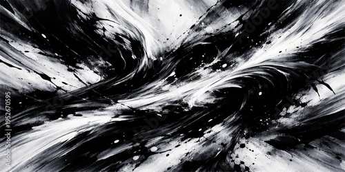 Abstract black and white landscape of a splashing water stream flowing over rocks in a cold liquid motion with a clean white ripple texture
