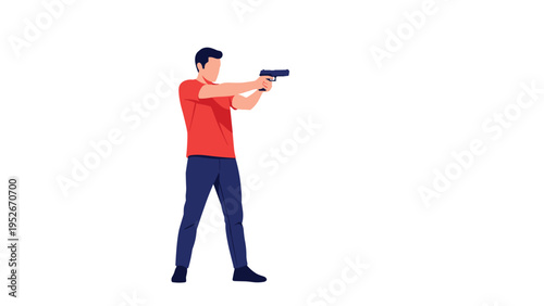 Man in a red t-shirt stands in a shooting stance while aiming a handgun during target practice or self-defense training against a white background.