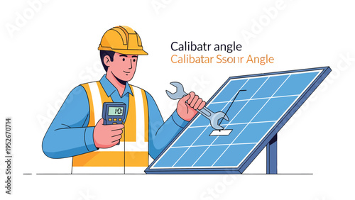Solar Panel Technician at Work: An electrician meticulously calibrates a solar panel using specialized tools, ensuring optimal energy capture in a sunlit setting.