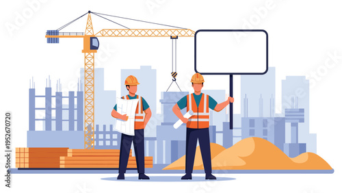 Construction workers in safety vests and hard hats stand at a building site with a large crane and a blank whiteboard for project announcements.