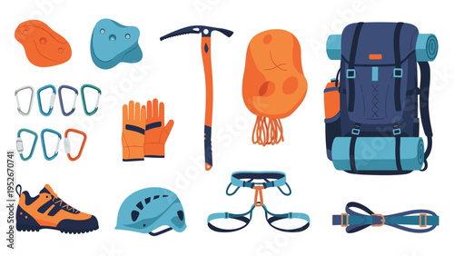 Array of rock climbing gear displayed on a white background including carabiners, harness, specialized shoes, chalk bag, ice axe, and backpack.
