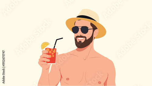 Cheerful bearded man wearing a sun hat and sunglasses holds up a colorful orange cocktail while enjoying a sunny day during his summer vacation.